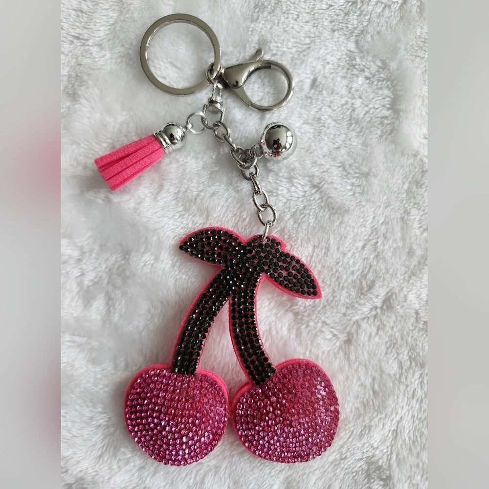 Pink Rhinestone Cherry Keychain Bag Charm